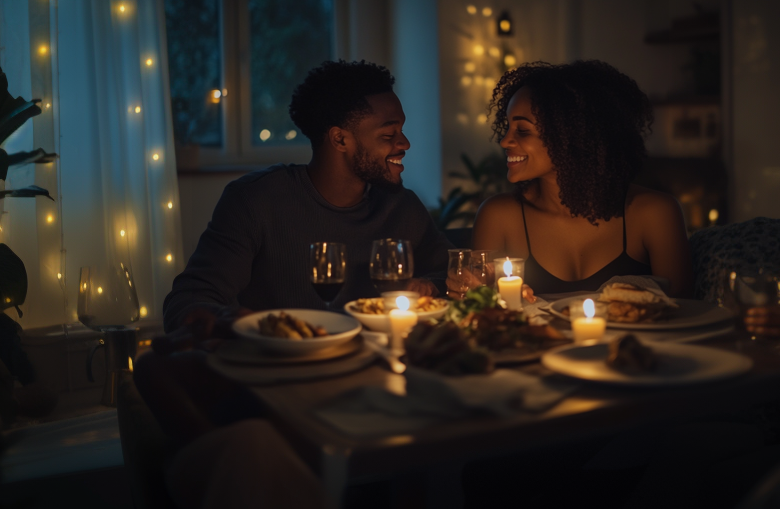 couple enjoying a meal by candlelight from the best private chef in durham nice's kitchen